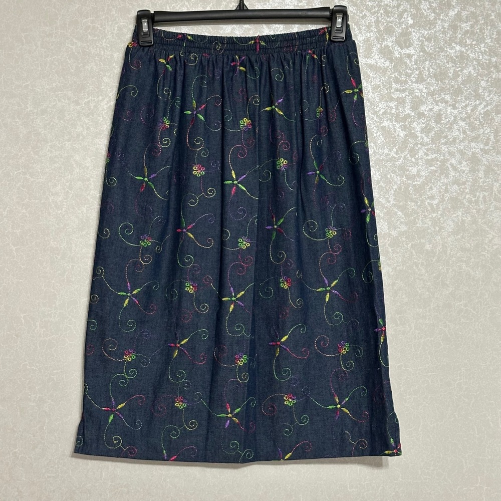 Thomas Payton Embroidered Floral Denim Midi Skirt Cottagecore Blue Vintage S
